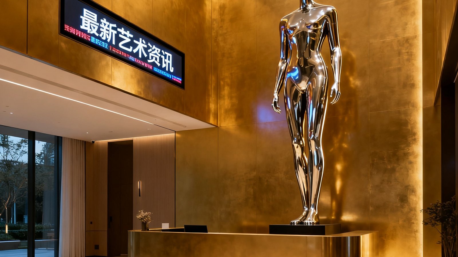 AG贵宾厅集团上海总部接待大厅，暖金色调的空间中央展示着一尊高达三米的当代不锈钢雕塑，墙面上嵌入的电子屏幕滚动播放着最新艺术资讯。
