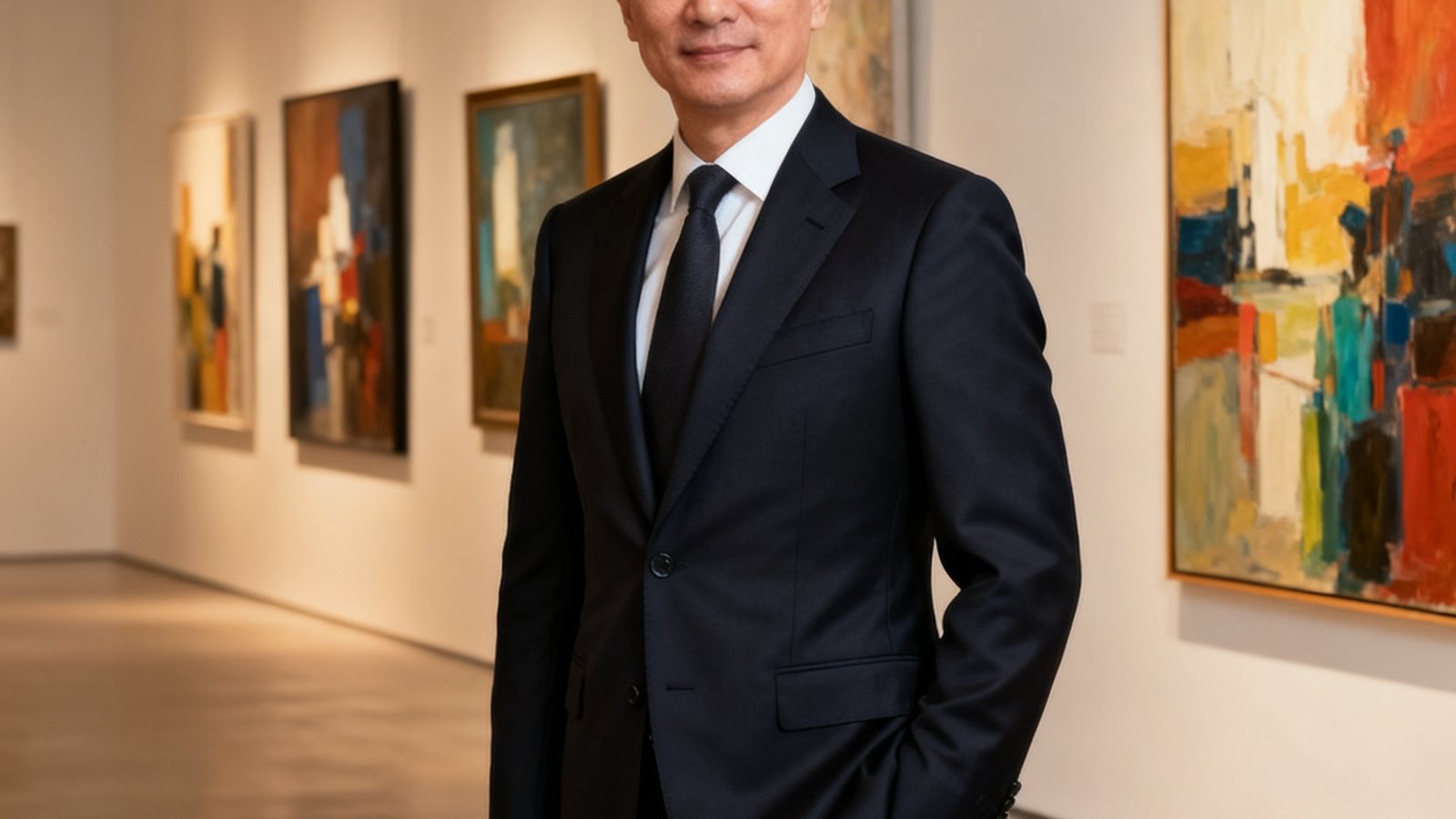 AG贵宾厅集团创始人林逸泓先生，身着深色定制西装，站姿从容自信，背景是集团上海总部的艺术展厅，墙面悬挂着数幅当代油画作品。