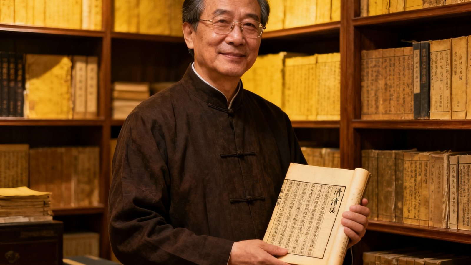 一位五十岁左右的男性收藏家站在私人书房中，身后是满墙的古籍善本，他手持一本清代刻本，神情专注而满足。